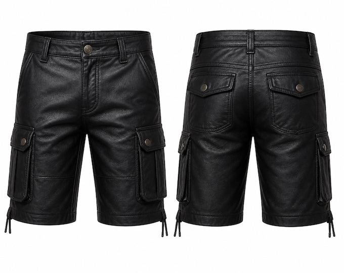 Men Black Leather Cargo Biker Shorts, Streetwear Multi Pocket Punk Gothic Outfit