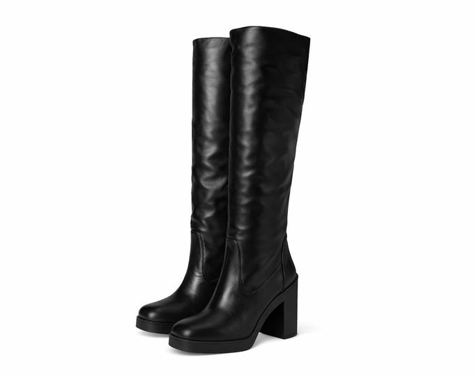 Women Knee High Boots Leather Chunky Heel Tall Fashion Winter Shoes