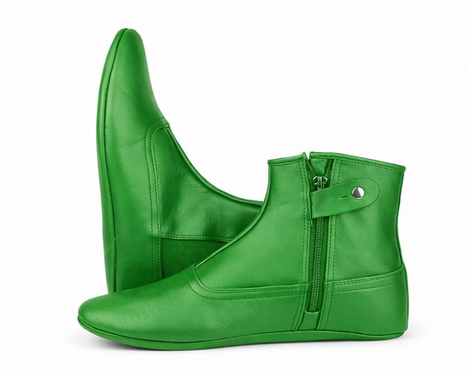 Green Leather Khuffain for Men, Handmade Islamic Shoes, Soft Calfskin Prayer Slippers