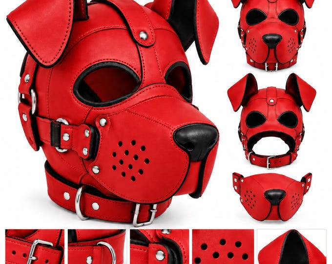 Leather Puppy Hood Mask with Ears, Handmade Adjustable Dog Hood, Removable Muzzle, Pet Costume