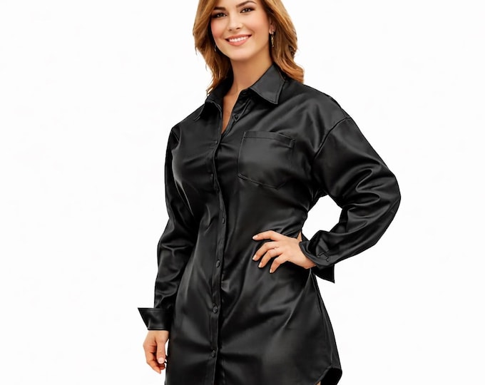 Women Leather Shirt Dress | Button Down Long Sleeve Mini | Stylish Leather Outfit
