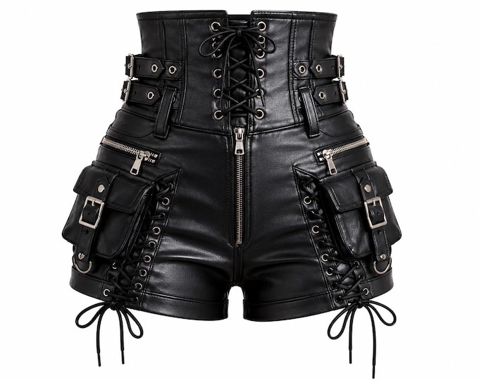 Gothic Leather Cargo Shorts for Women, High Waist Steampunk Lace Up Punk Festival Outfit