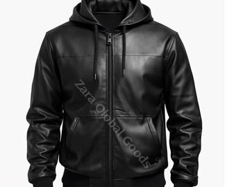 Giacca nera con cappuccio fatta a mano per uomo / Capispalla in vera pelle di mucca, abbigliamento casual invernale