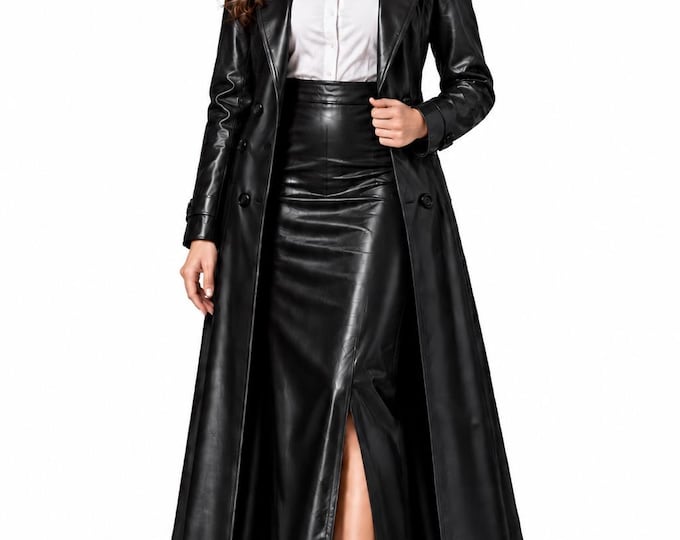 Women’s Blue Leather Trench Skirt Set, Long Coat, Genuine Leather