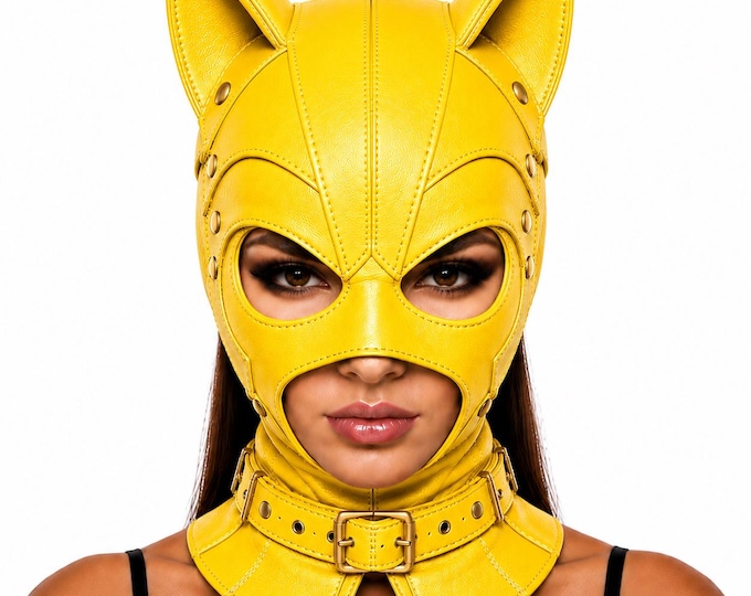 Handmade Leather Cat Ear Hood Mask, Gothic Cosplay Face Mask