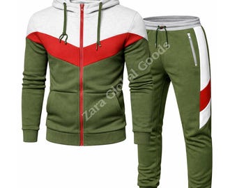 Men’s Green Color Block Hoodie & Jogger Set – Zip-Up Casual Streetwear Tracksuit