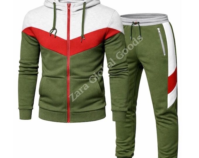 Men’s Green Color Block Hoodie & Jogger Set – Zip-Up Casual Streetwear Tracksuit