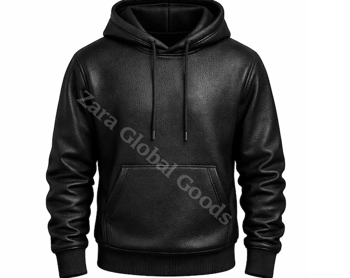 Men’s Black Leather Hoodie – Casual Pullover Hooded Sweatshirt