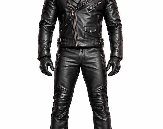 Men’s Genuine Leather Jacket and Pants Set, Motorcycle Biker Suit, Handmade Leather Outfit