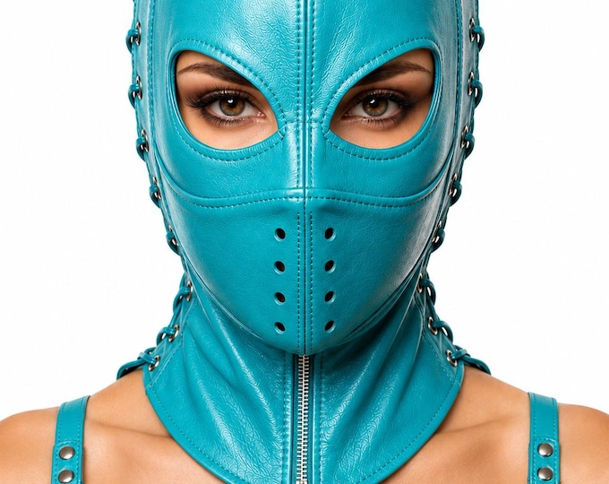 Handmade Leather Hood Mask, Gothic Cosplay Face Mask, Laced Costume Headwear