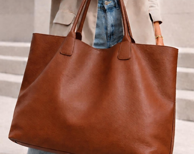 Large Leather Tote for Women, Oversized Shopper, XXL Work Handbag, Minimalist Weekender Gift