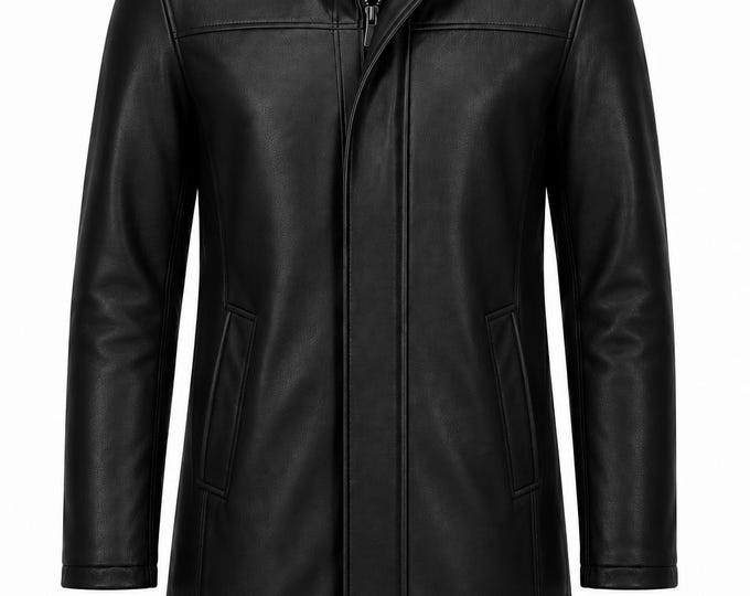 Men's Leather Hooded Trench Coat, Winter Long Jacket