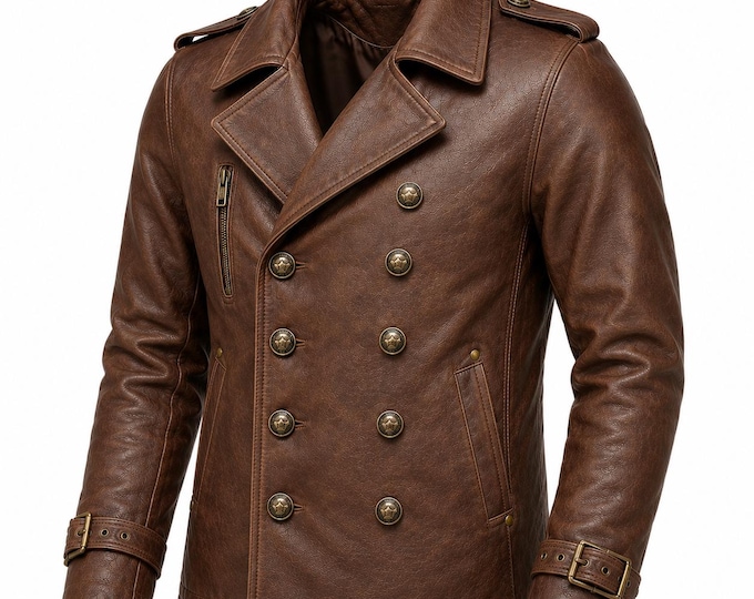 Men's Leather Pea Coat, Double Breasted Biker Jacket, Vintage Steampunk Outerwear