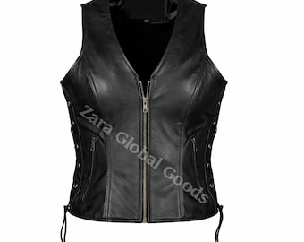Handcrafted Women’s Leather Biker Vest – Lace Side Motorcycle Waistcoat
