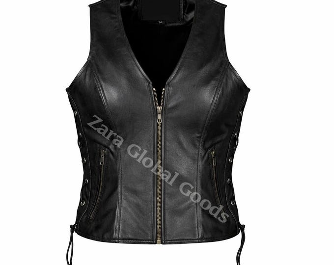 Handcrafted Women’s Leather Biker Vest – Lace Side Motorcycle Waistcoat