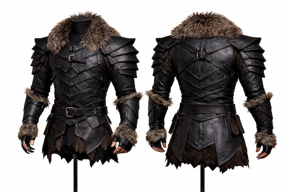 Medieval Leather Armor with Fur Collar, Knight Costume, LARP Viking Outfit, Custom Size