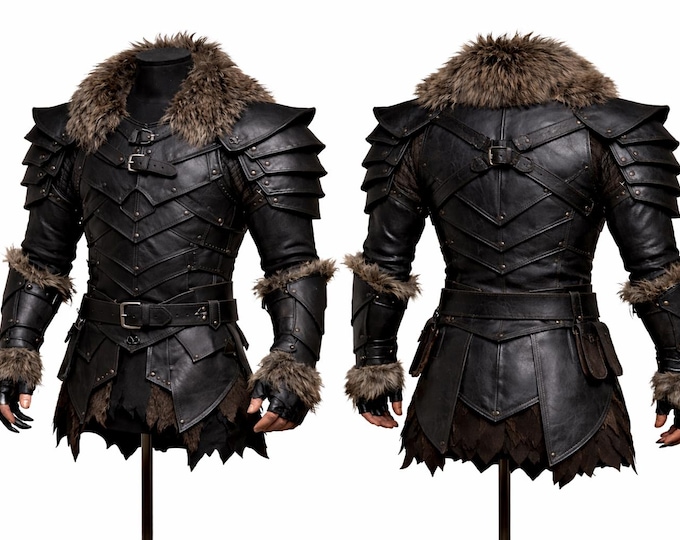 Medieval Leather Armor with Fur Collar, Knight Costume, LARP Viking Outfit, Custom Size