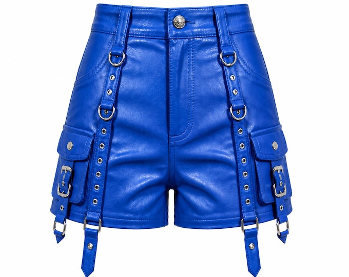 High Waist Leather Cargo Shorts Women Gothic Punk Festival Streetwear XS-3XL
