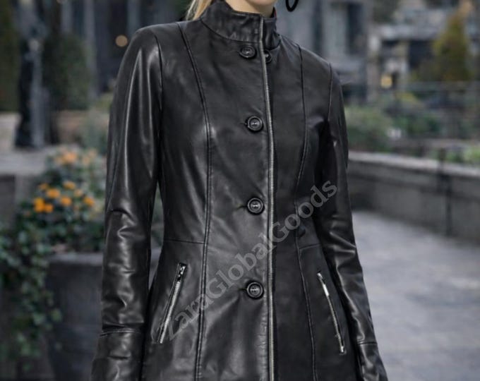 Women Genuine Luxury Leather Long Trench Coat Elegant Fit