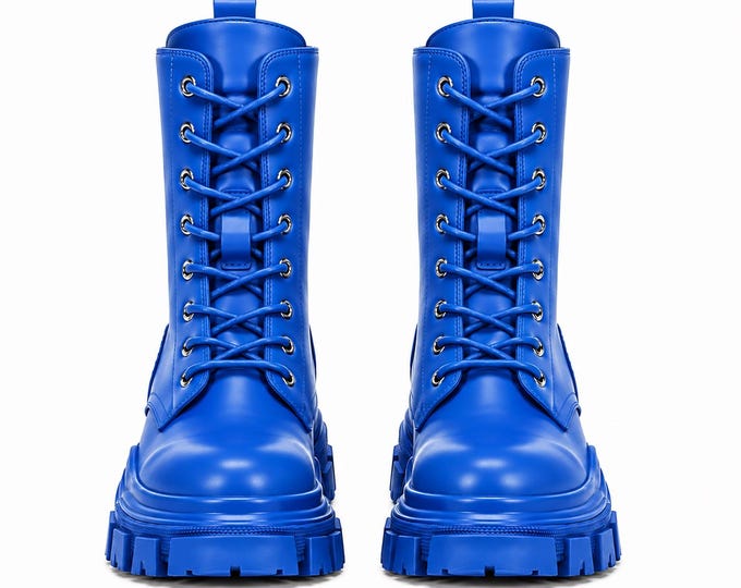 Blue Leather Combat Boots, Tall Lace-Up Platform Footwear, Handmade Gothic Style