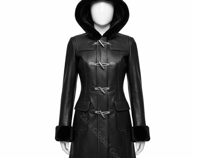 Multi Color Women’s Leather Hooded Coat – Handmade Winter Sheepskin Style Toggle Jacket