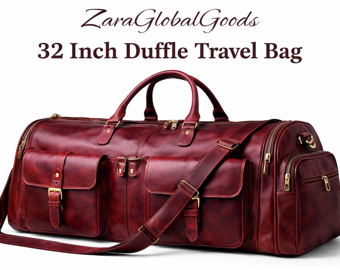 32 Inch Leather Duffle, Large Travel Weekender, Handmade Carry On, Overnight for Men Women