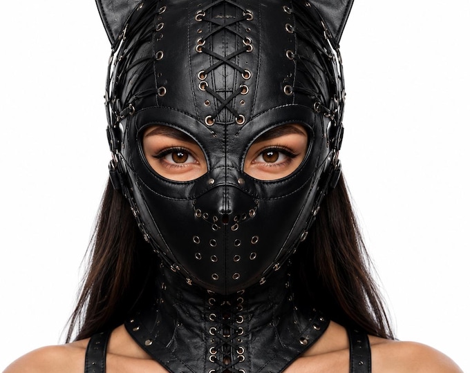 Leather Cat Mask, Gothic Hood, Cosplay Costume, Masquerade Headpiece, Handmade Face Cover