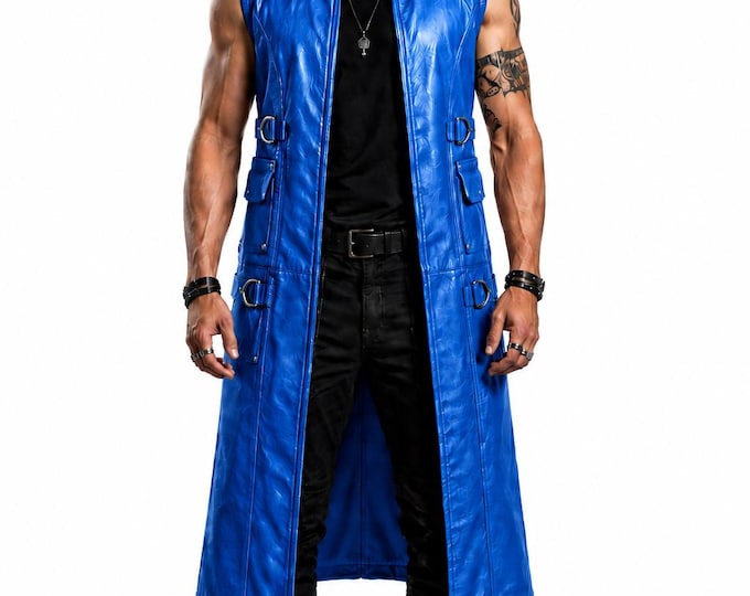 Men Genuine Leather Duster, Cyberpunk Gothic Waistcoat, Steampunk Biker Clothing, Gift for Him