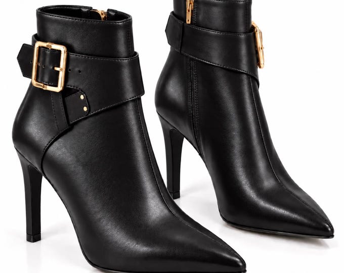Women’s Genuine Leather Ankle Boots, Pointed Toe High Heel Boots, Buckle, Side Zip Booties