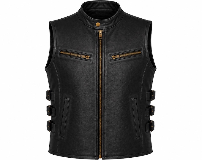 Handmade Leather Biker Vest Motorcycle Waistcoat Racer Slim Fit Lambskin Vintage Gift for Him