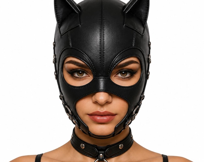 Leather Open Face Hood Mask, Gothic Cat Ear Cosplay Hood