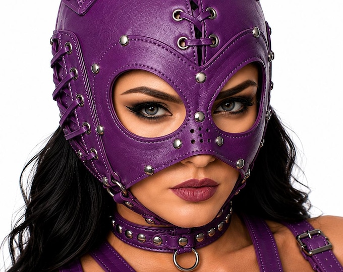 Handmade Leather Cat Face Mask, Gothic Cosplay Hood, Open Eye Design