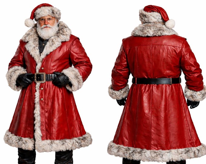Handmade Gothic Leather Santa Suit, Long Coat with Fur Hat, Christmas Costume