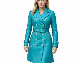 Turquoise Genuine Leather Trench Coat for Women | Luxury Belted Long Coat | Handmade Statement Wear