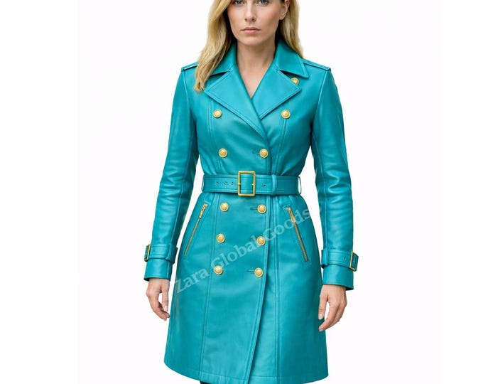 Turquoise Genuine Leather Trench Coat for Women | Luxury Belted Long Coat | Handmade Statement Wear