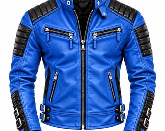 Men’s Genuine Leather Biker Jacket, Motorcycle Moto Coat, Blue Black Racing Outerwear