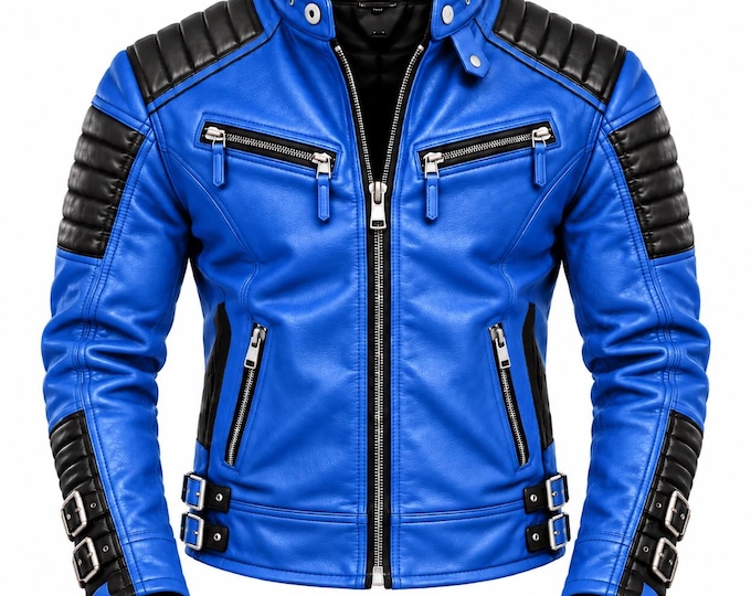 Men’s Genuine Leather Biker Jacket, Motorcycle Moto Coat, Blue Black Racing Outerwear