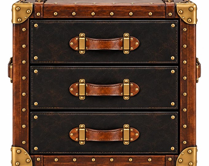 Genuine Leather Trunk Nightstand Pair, 3 Drawer Bedside Tables, Vintage Bedroom Furniture