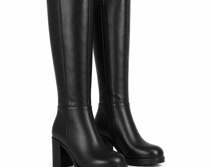 Knee High Boots for Women Chunky Heel Tall Leather Long Boots Round Zipper Fashion