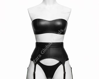 Black Red And White Leather Lingerie Strapless  Bra, Garter Belt & Fetish Wear