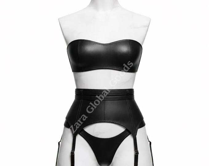 Black Red And White Leather Lingerie Strapless  Bra, Garter Belt & Fetish Wear