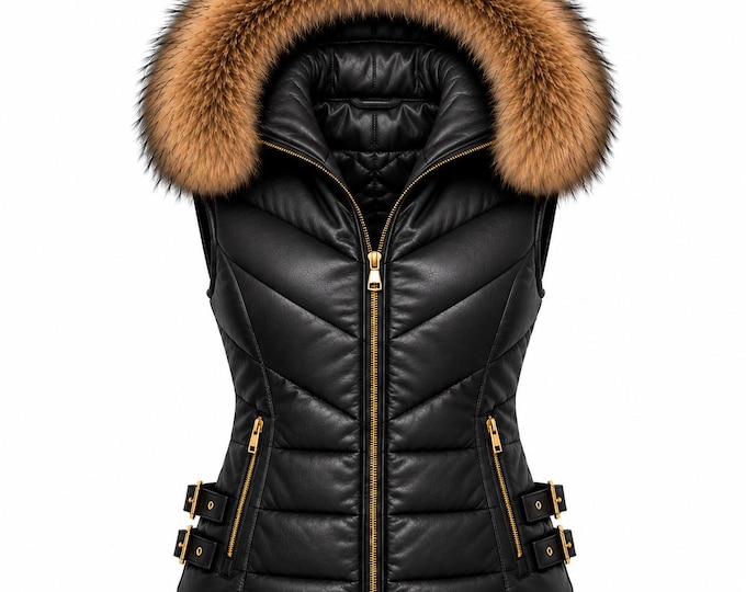 Women's Puffer Vest with Faux Fur Hood | Genuine Leather Winter Jacket