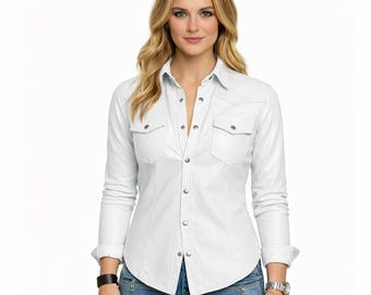 Women’s White Cowhide Button-Up Top – Handmade Western Style