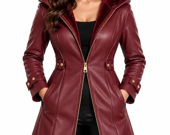 Women’s Leather Hooded Coat, Long Winter Jacket, Fitted Handmade Outerwear, Zip Front