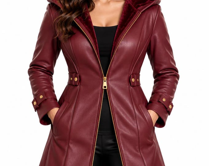 Women’s Leather Hooded Coat, Long Winter Jacket, Fitted Handmade Outerwear, Zip Front