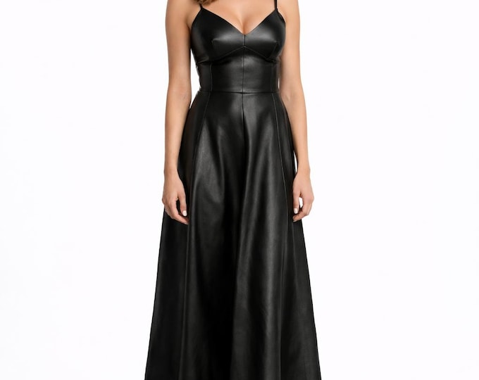 Handmade Women’s Lambskin Midi Outfit | Black Sleeveless Party Evening Wear genuine leather dress