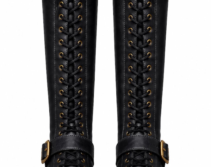 Men's Handmade Knee High Leather Biker Boots, Medieval Lace Up Buckle Style