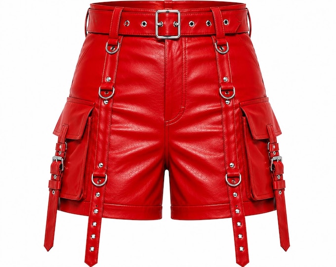 Haigh Waist Leather Cargo Shorts Women Gothic Punk Rave Buckle Utility Hot Pants