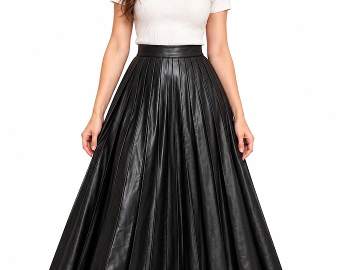 Women’s Pleated Maxi Skirt, High Waist Faux Leather Long Skirt, A Line Skirt