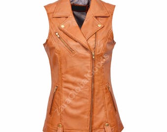 Women’s Tan Leather Moto Vest | Slim Fit Sleeveless Biker Waistcoat | Real Leather Statement Piece